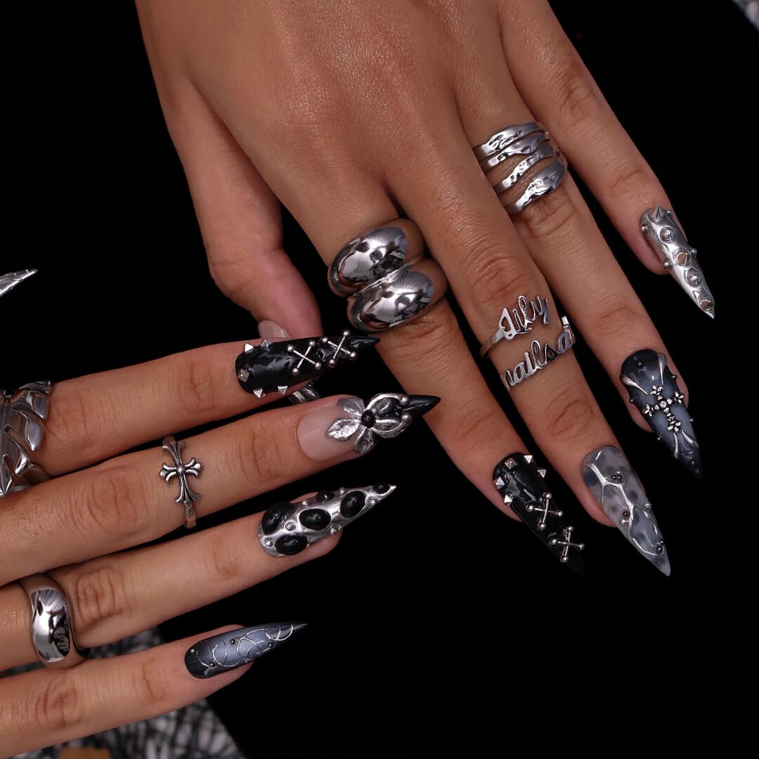 Gothic Black and Silver Halloween Nails With Metal Flowers and Studs