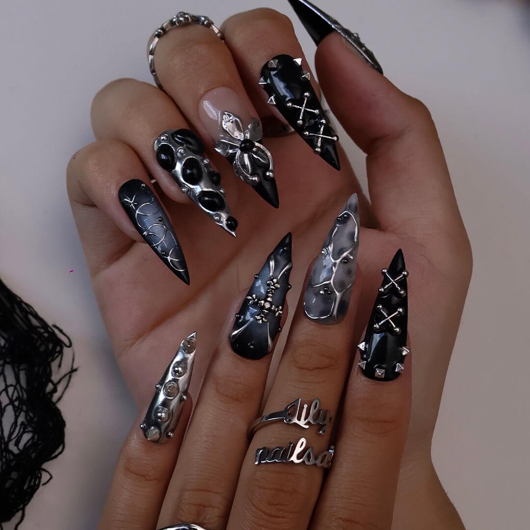 Gothic Black and Silver Halloween Nails With Metal Flowers and Studs
