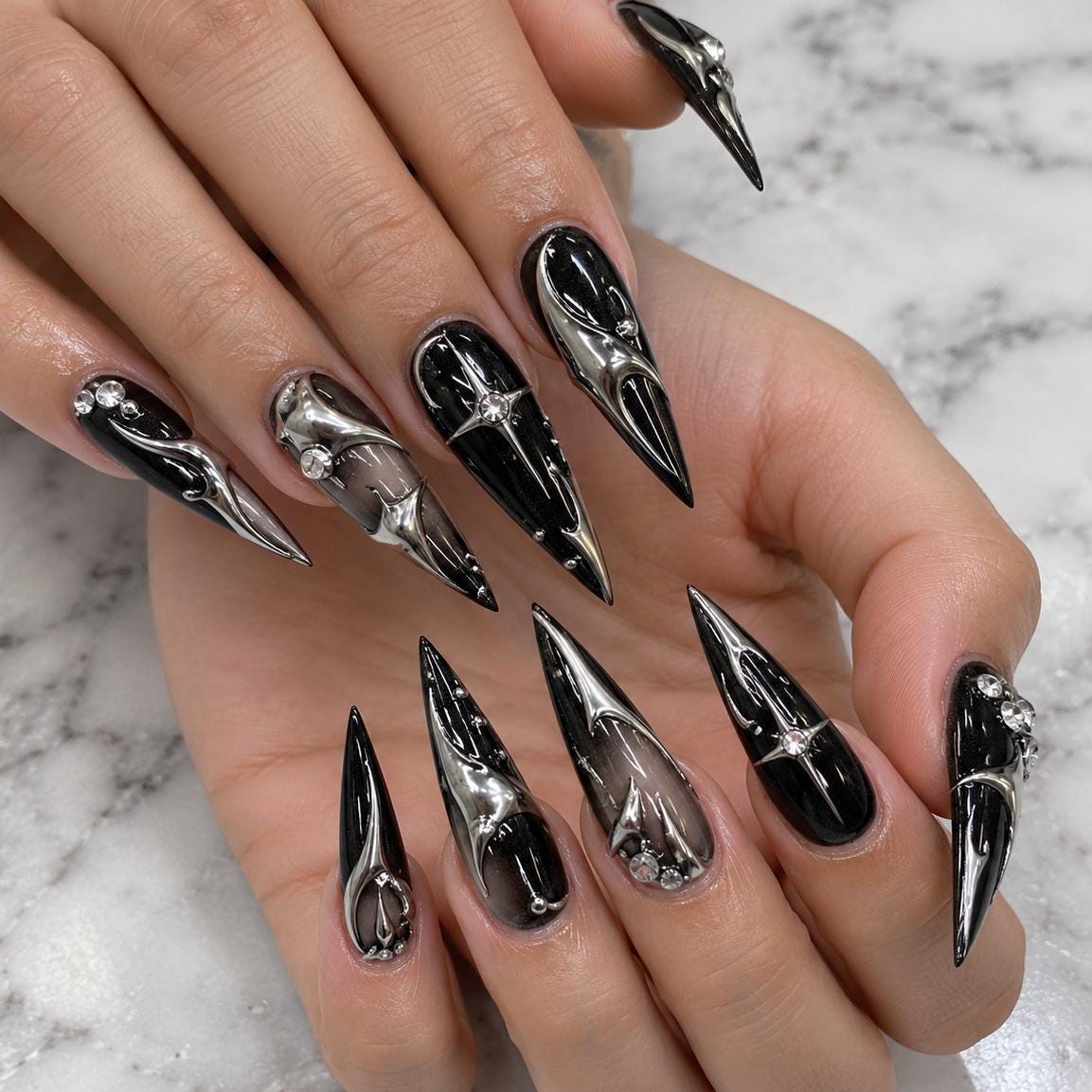 Gothic Black and Silver Liquid Metal Chrome Press On Nails with Rhinestone Details