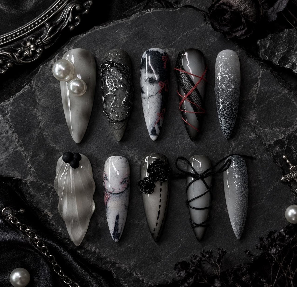 Gothic Black and Silver Marble Nails with 3D Roses and Lace Details