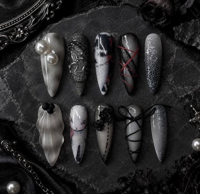 Gothic Black and Silver Marble Press On Nails with 3D Roses and Lace Details