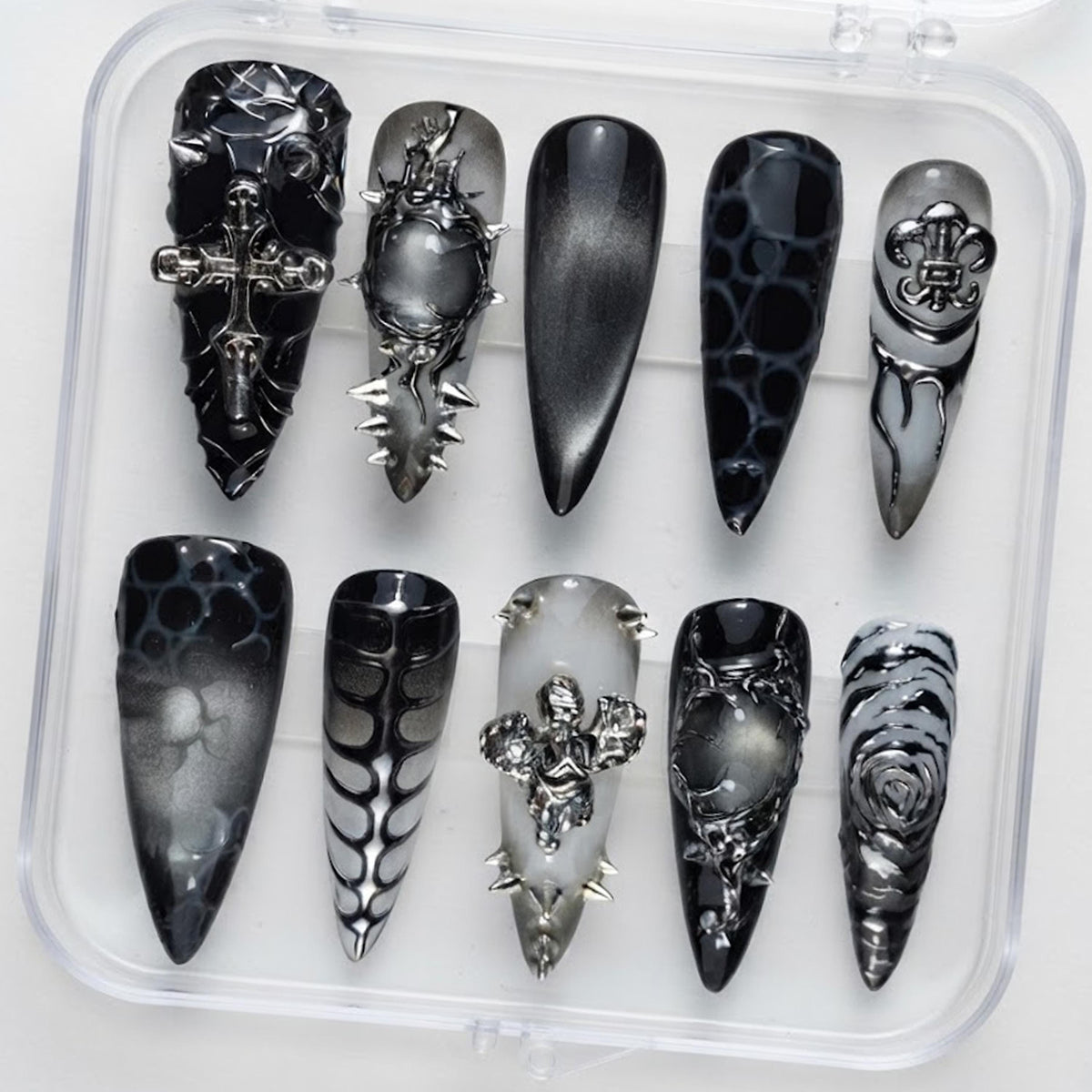 Gothic Black and Silver Nail Set With 3D Crosses, Fleur-de-Lis and Spiked Hardware
