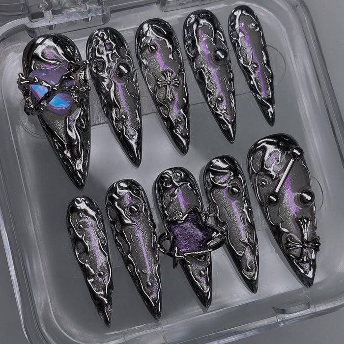 Gothic Black and Silver Textured Press On Nails With Purple Shimmer and Raised Ornaments