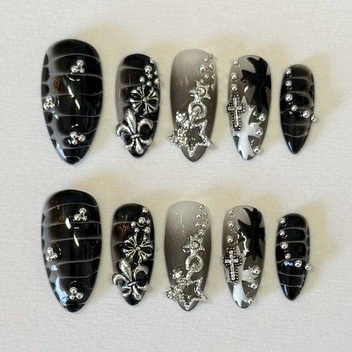 Gothic Black and Smoky Gray Press On Nails with Silver Charms and Rhinestones