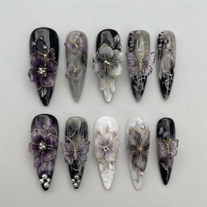 Gothic Black and Smoky Marble Butterfly Flower Press On Nail Set