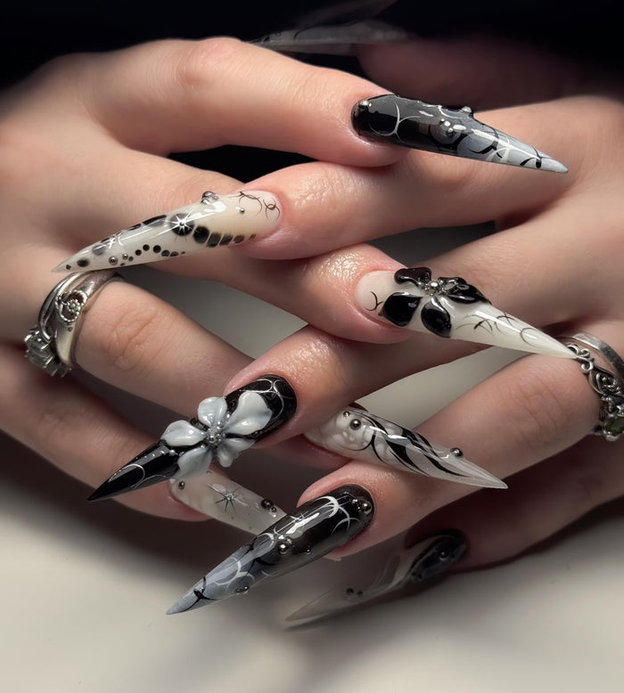 Gothic Black and White Aura Floral Press-On Nails With 3D Flowers