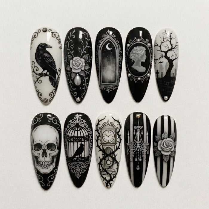 Gothic Black and White Crow, Skull, Rose and Cemetery Press On Nail Set