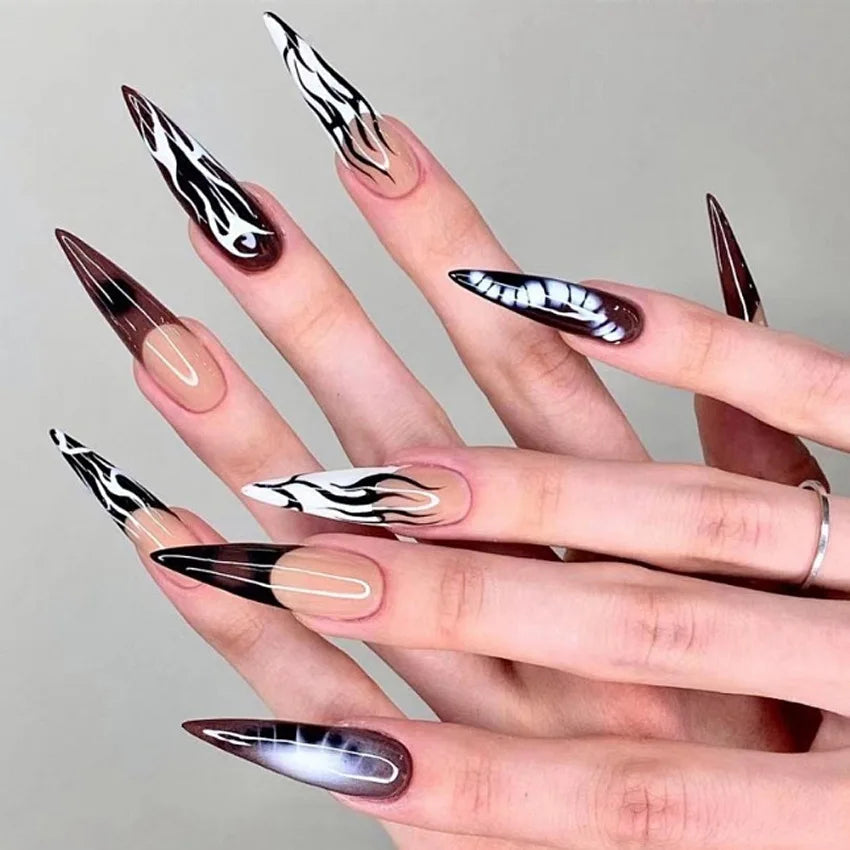 Gothic Black and White Flame Press On Nails with Nude and Burgundy Accents