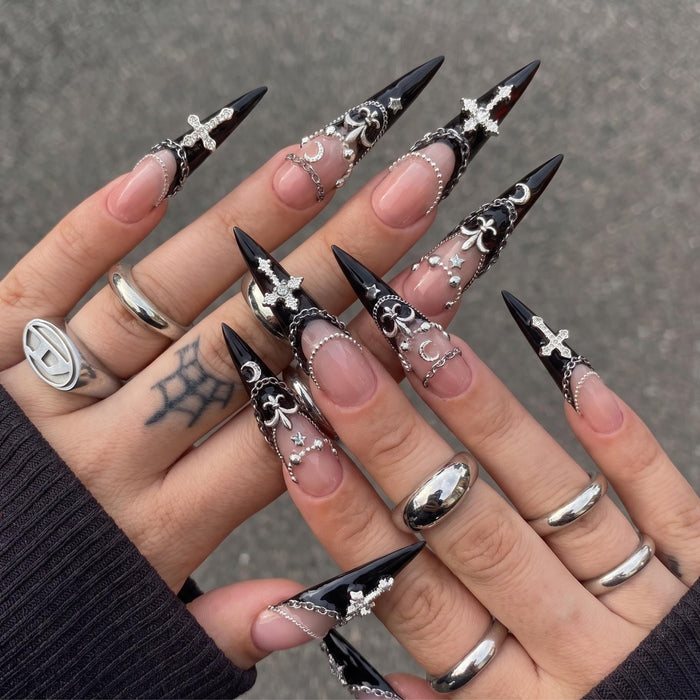 Gothic Black French Tip Press On Nails With Silver Crosses, Chains & Crescent Accents