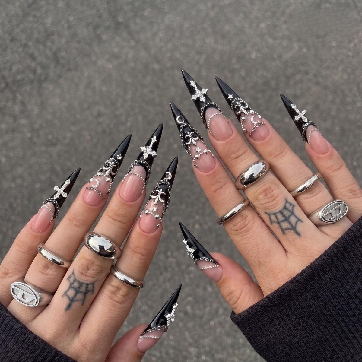 Gothic Black French Tip Press On Nails With Silver Crosses, Chains & Crescent Accents