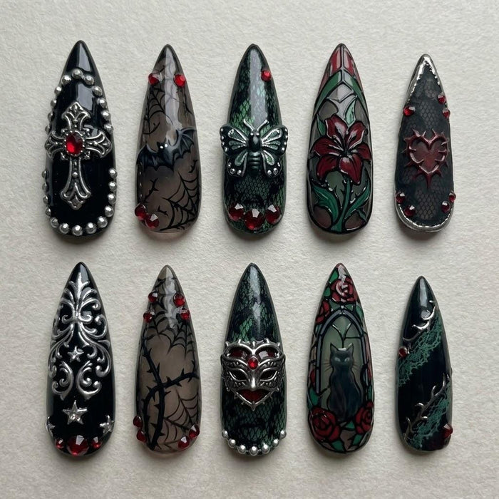 Gothic Black, Green and Red Press On Nails With Silver Filigree, Roses and Stained-Glass Florals
