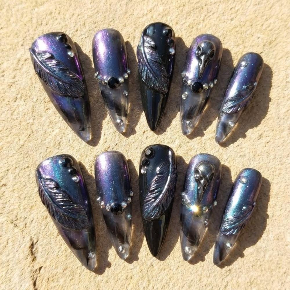 Gothic Black Holographic Feather and Skull 3D Rhinestone Press On Nails