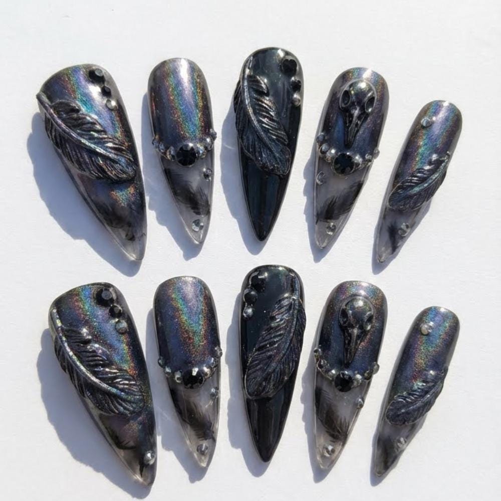 Gothic Black Holographic Feather and Skull 3D Rhinestone Press On Nails