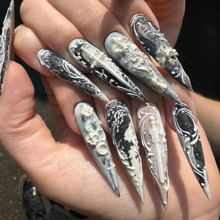 Gothic Black, Ivory and Smoky Gray 3D Floral Press On Nail Set