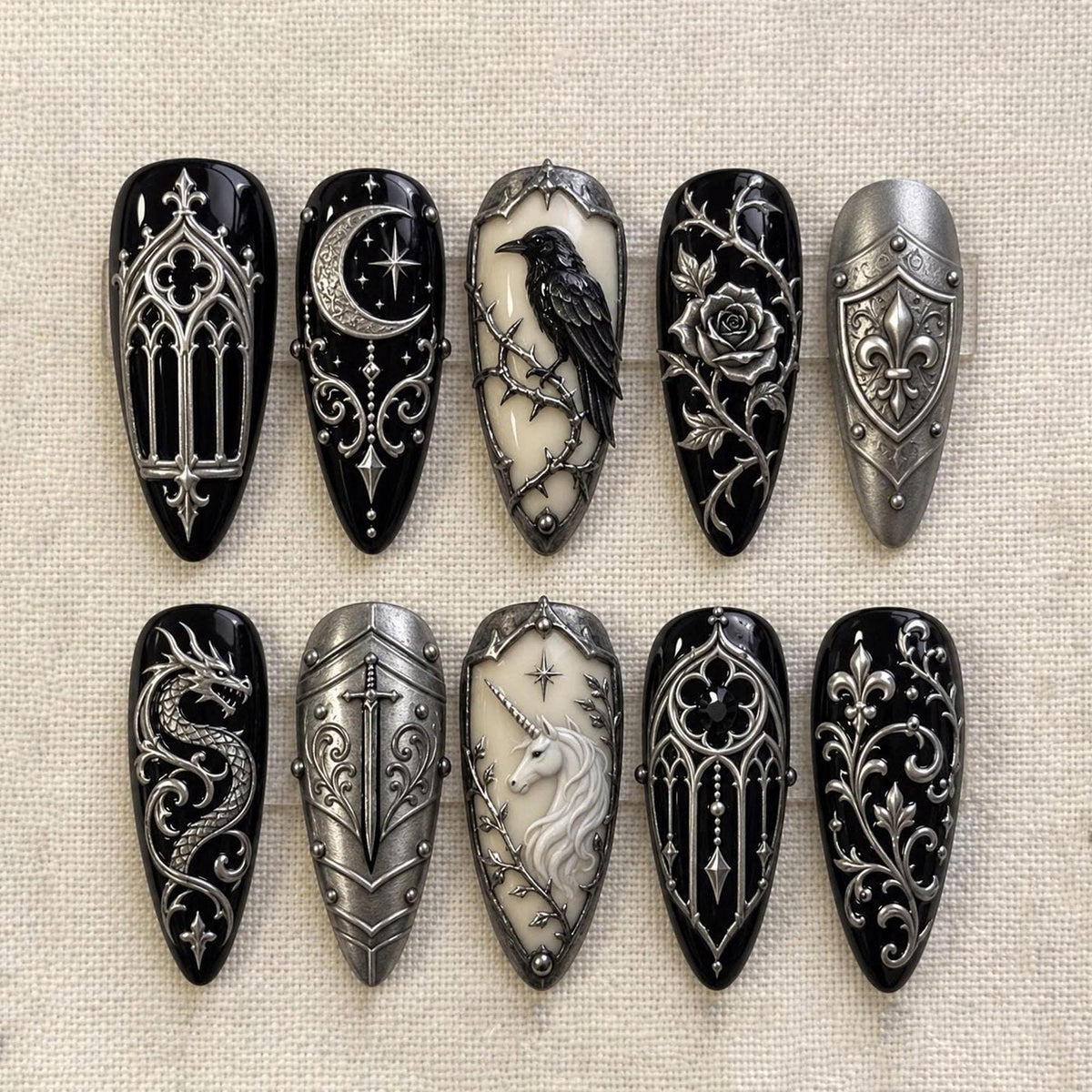 Gothic Black, Ivory & Silver 3D Medieval Fantasy Nail Set