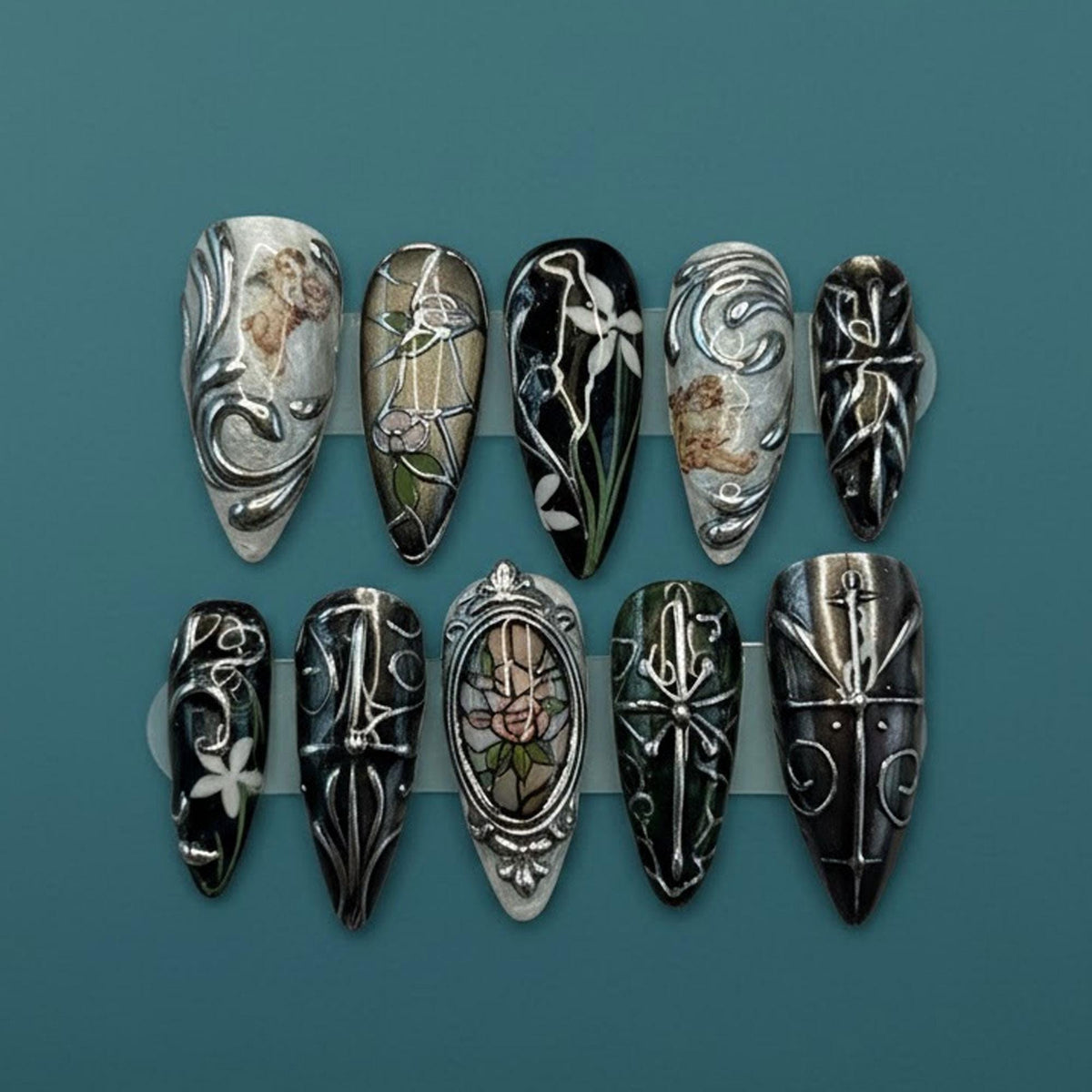 Gothic Black Nails With Silver Filigree, Cherubs and Rose Frame Art