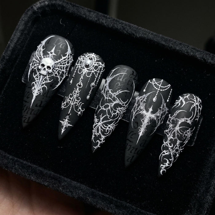 Gothic Black Press On Nails With Silver Filigree, Skull and Draped Chain Details