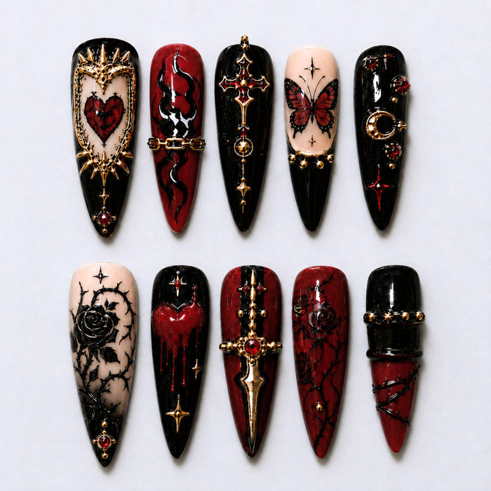 Gothic Black, Red and Gold Heart, Rose and Thorn Press On Nail Set