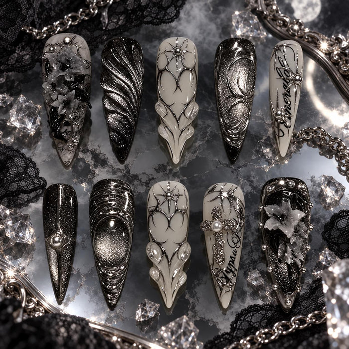 Gothic Black, Silver and Ivory Press On Nails with Spiderwebs, 3D Flowers and Cross-Like Charm
