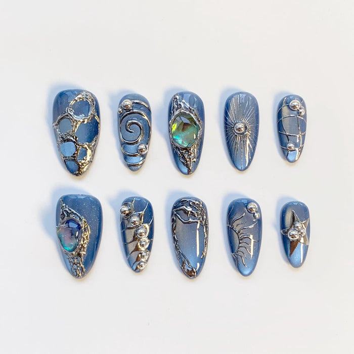 Gothic Blue Cat Eye Press On Nails With Silver Filigree and Iridescent Stones