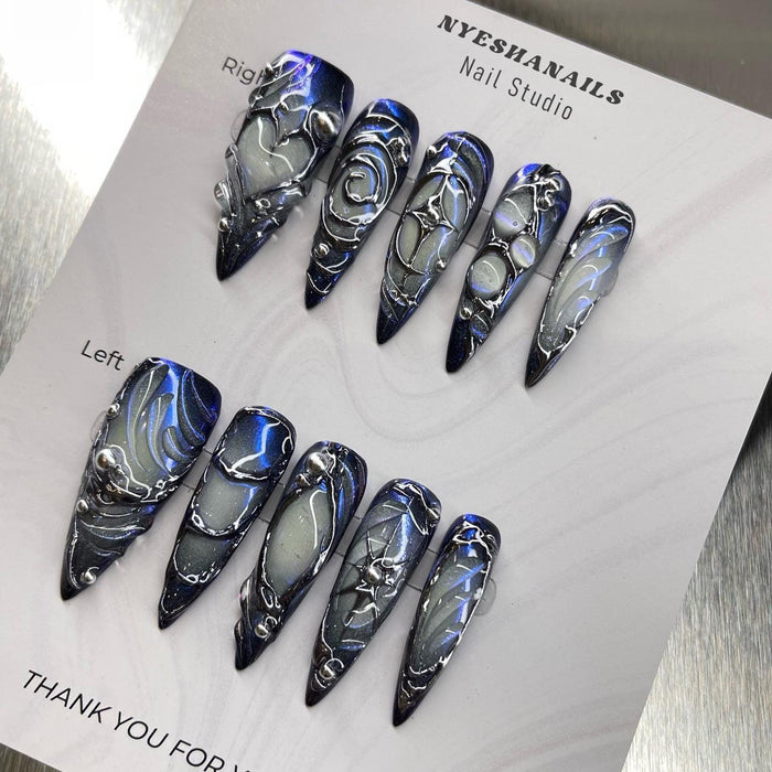 Gothic Blue Cat Eye Press On Nails With Silver Liquid-Metal Swirls