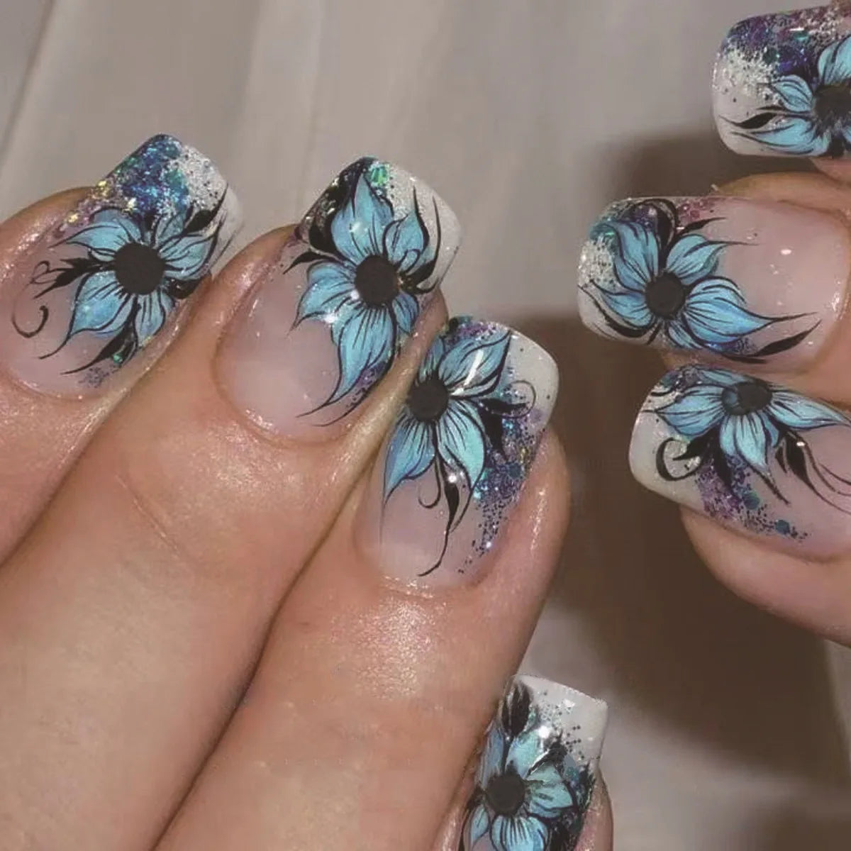 Gothic Blue Floral Line Art Press On Nails With Glitter Accents