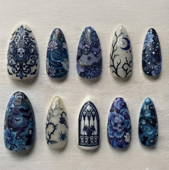 Gothic Blue Porcelain Halloween Skull and Cathedral Press On Nail Set
