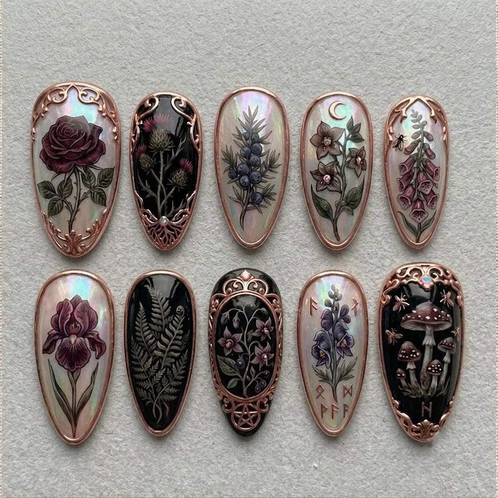 Gothic Botanical Mushroom Press-On Nail Set With Raised Bronze Frames