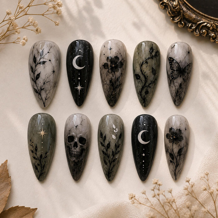Gothic Botanical Press On Nails With Skull, Butterflies, Moons and Stars