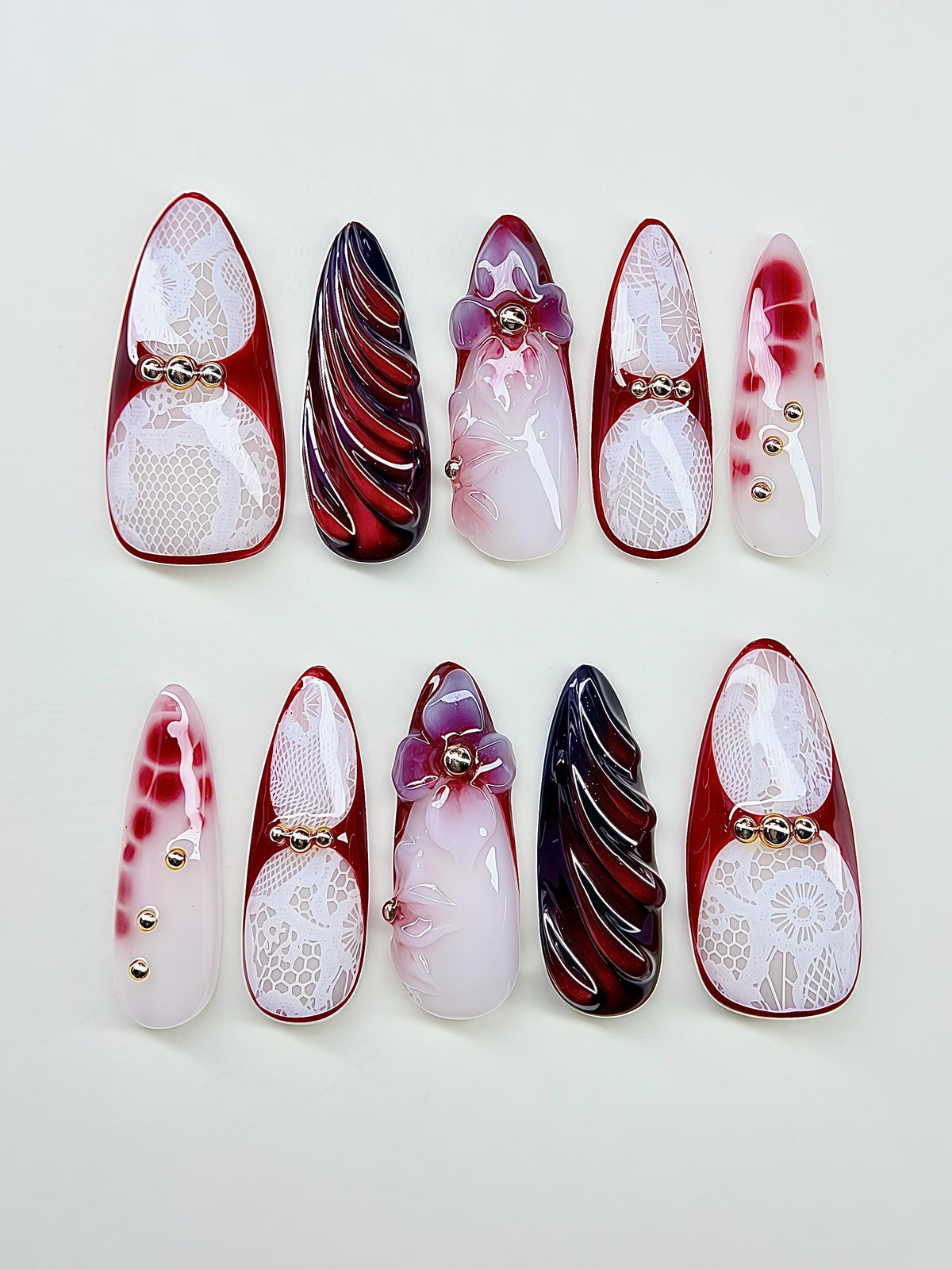Gothic Bridal Burgundy Lace and 3D Floral Press On Nails with Sculpted Swirls