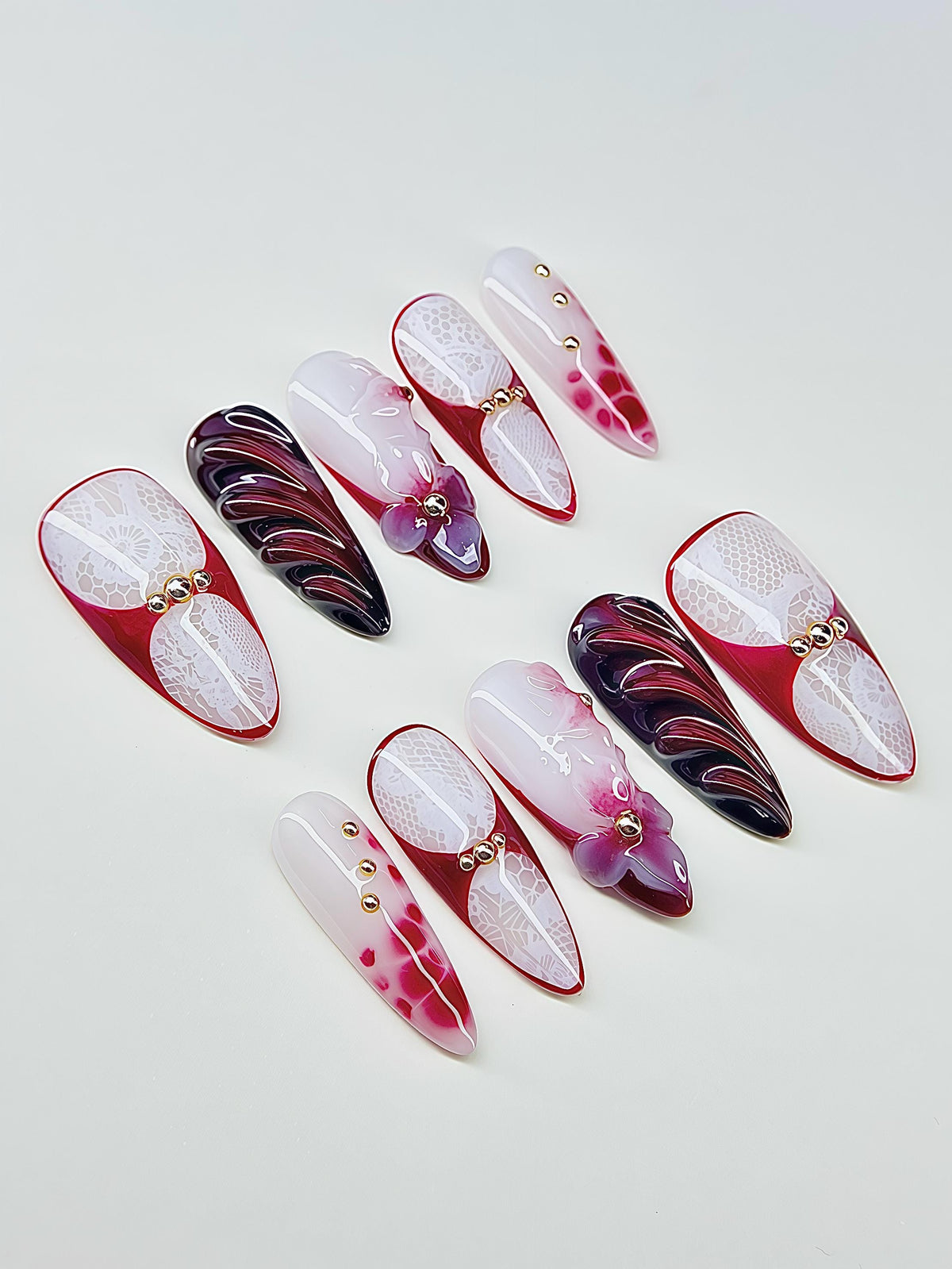 Gothic Bridal Burgundy Lace and 3D Floral Press On Nails with Sculpted Swirls