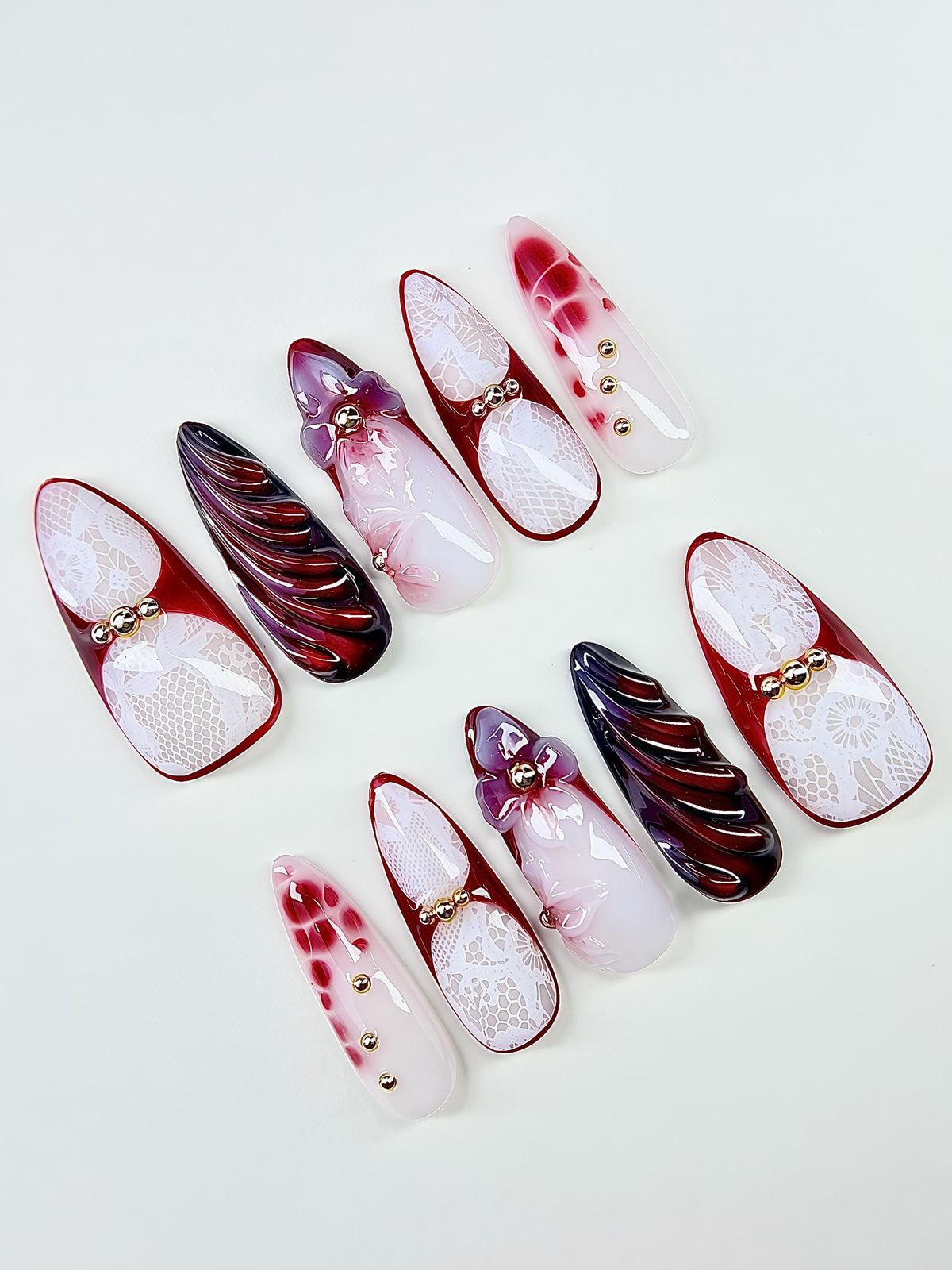Gothic Bridal Burgundy Lace and 3D Floral Press On Nails with Sculpted Swirls