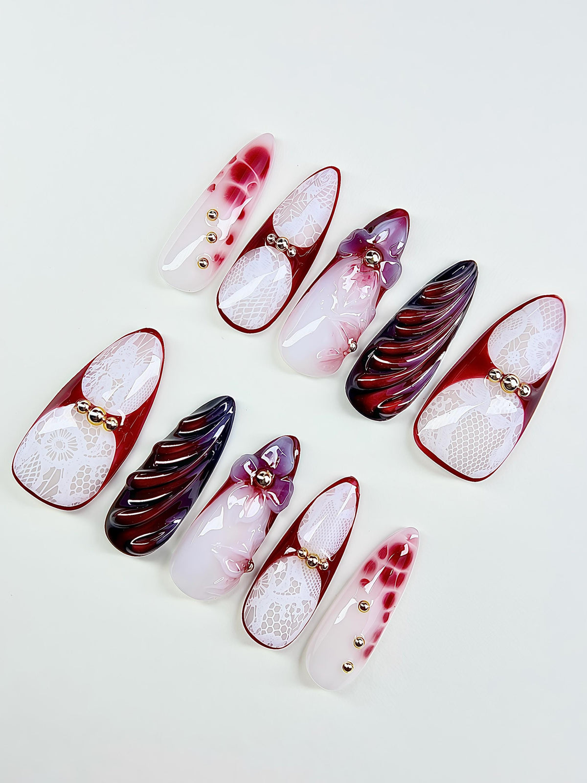 Gothic Bridal Burgundy Lace and 3D Floral Press On Nails with Sculpted Swirls