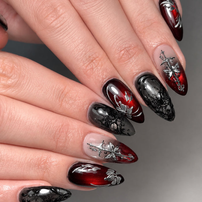Gothic Burgundy and Black Halloween Press On Nails with Silver Crosses and Lace