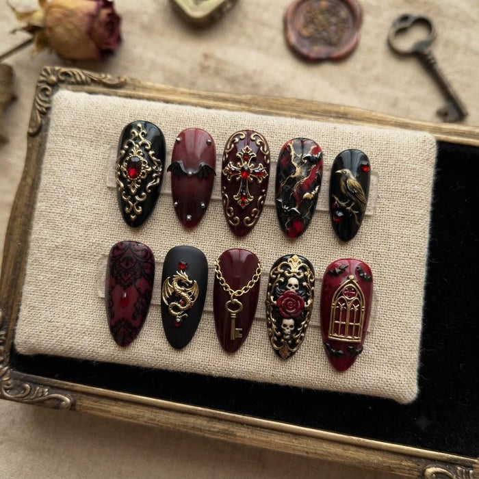 Gothic Burgundy and Black Press On Nails with Gold Filigree, Bats, Skull Motifs and Roses