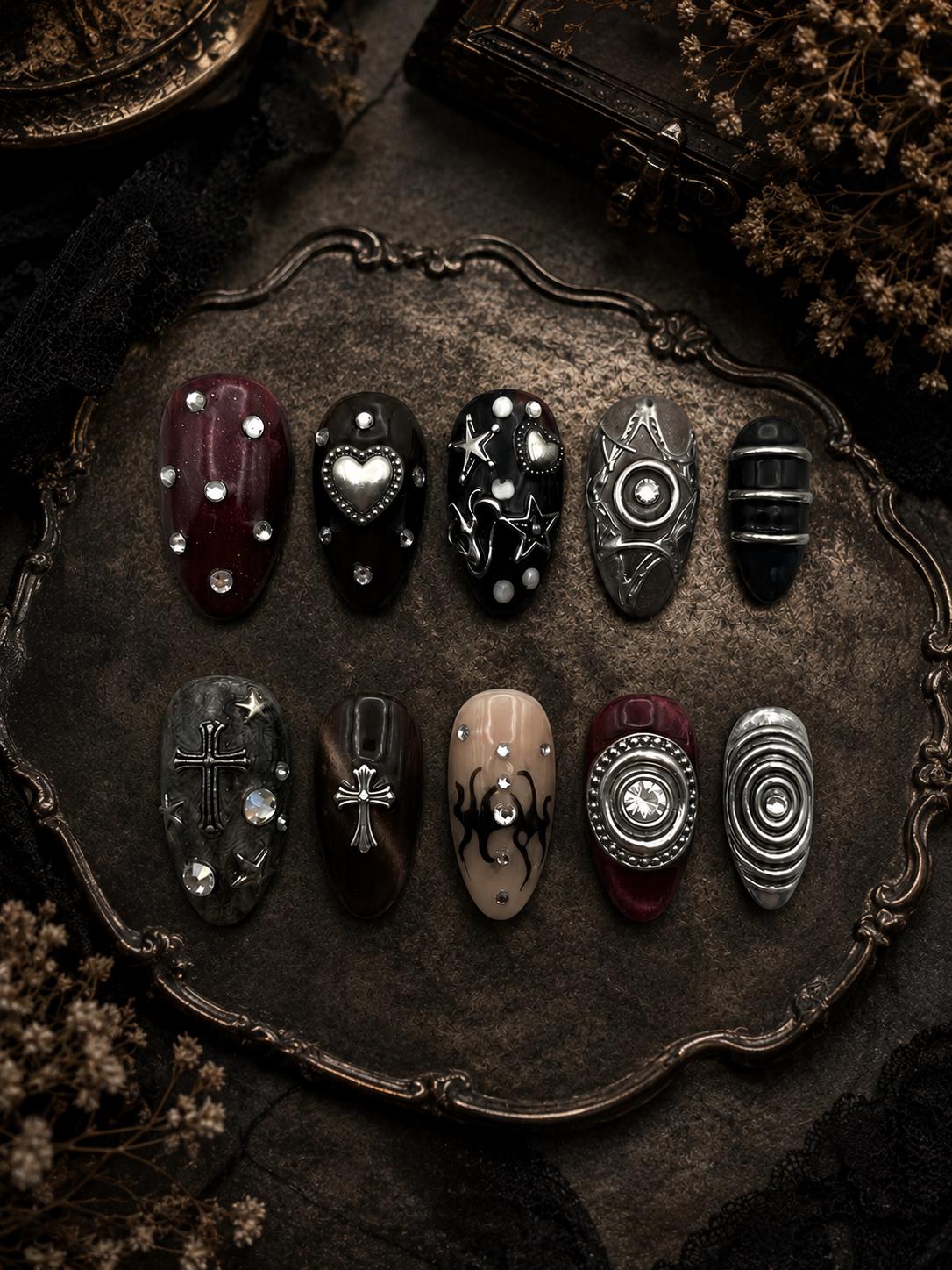 Gothic Burgundy and Black Nails with Raised Silver Crosses, Hearts, Stars and Rhinestones