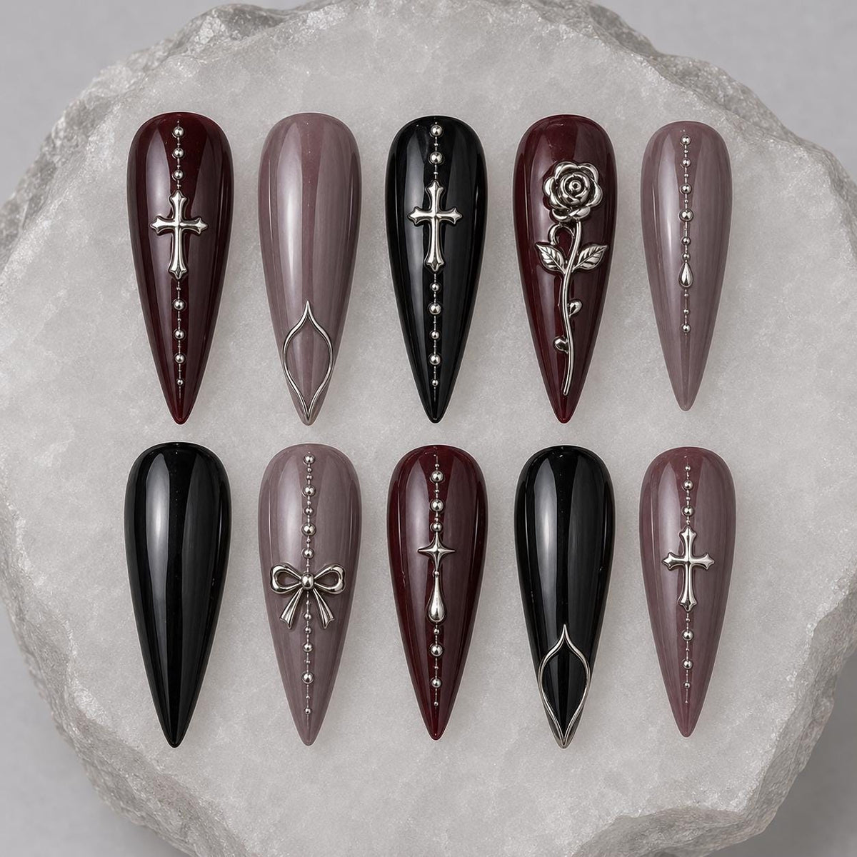 Gothic Burgundy and Black Nails with Silver Crosses, Rose, Bow, and Rhinestones