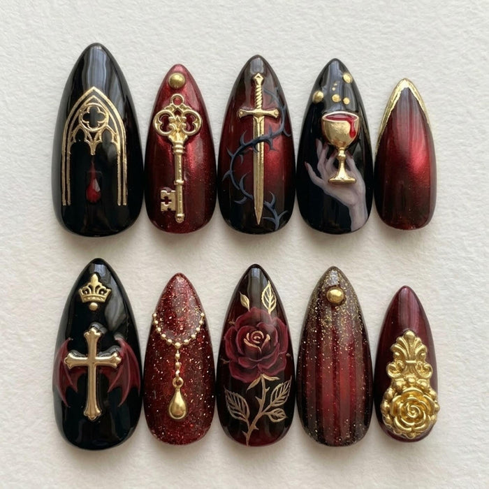 Gothic Burgundy and Black Press On Nails with Gold Crosses, Chalice, Keys and Roses