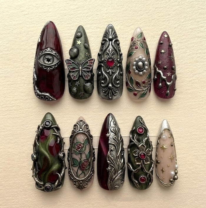Gothic Burgundy and Green Press-On Nails with Silver Filigree, Roses, Butterfly and All-Seeing Eye