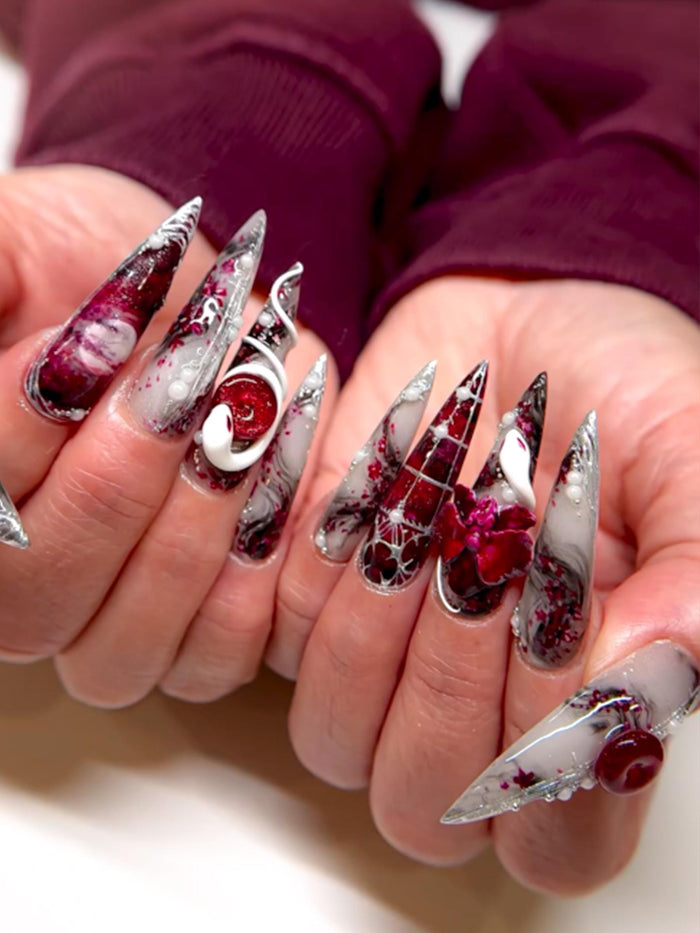 Gothic Burgundy Floral Press On Nails with Silver Chrome Lines and 3D White Snake