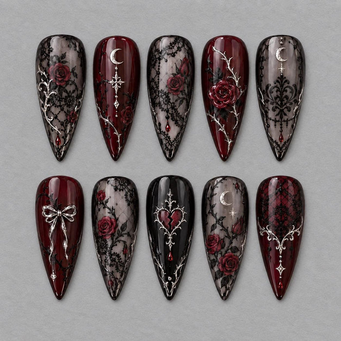 Gothic Burgundy Lace and Rose Press On Nails with Silver Thorns, Moons and Bow