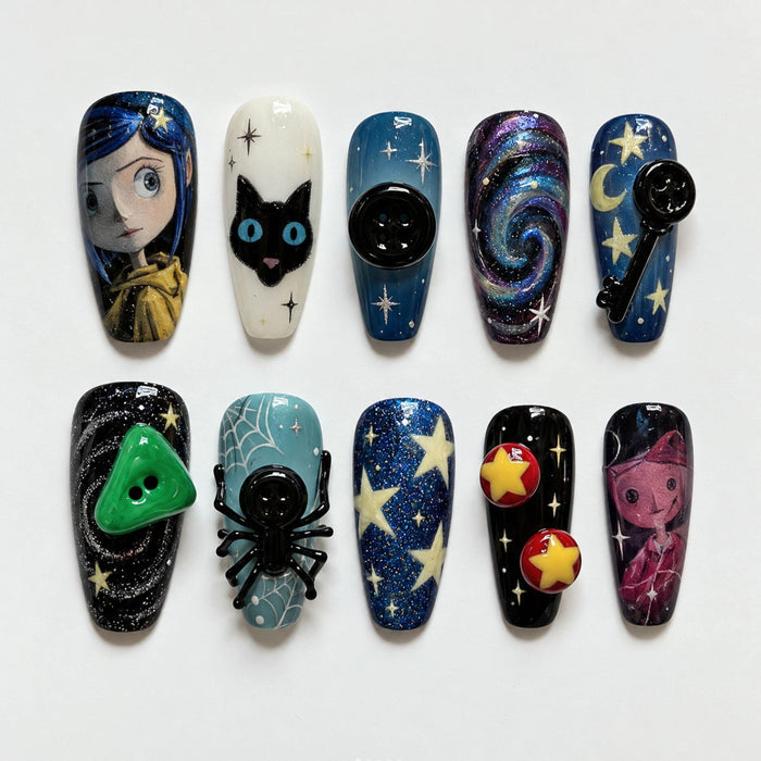 Gothic Button Doll, Cat and Spiderweb Celestial Press On Nail Set With 3D Charms
