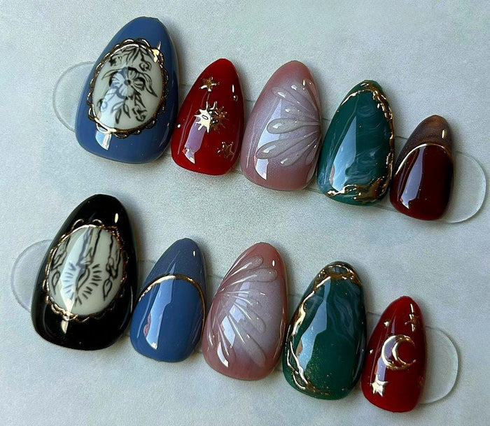 Gothic Cameo Press On Nails with Gold Details and Celestial Accents