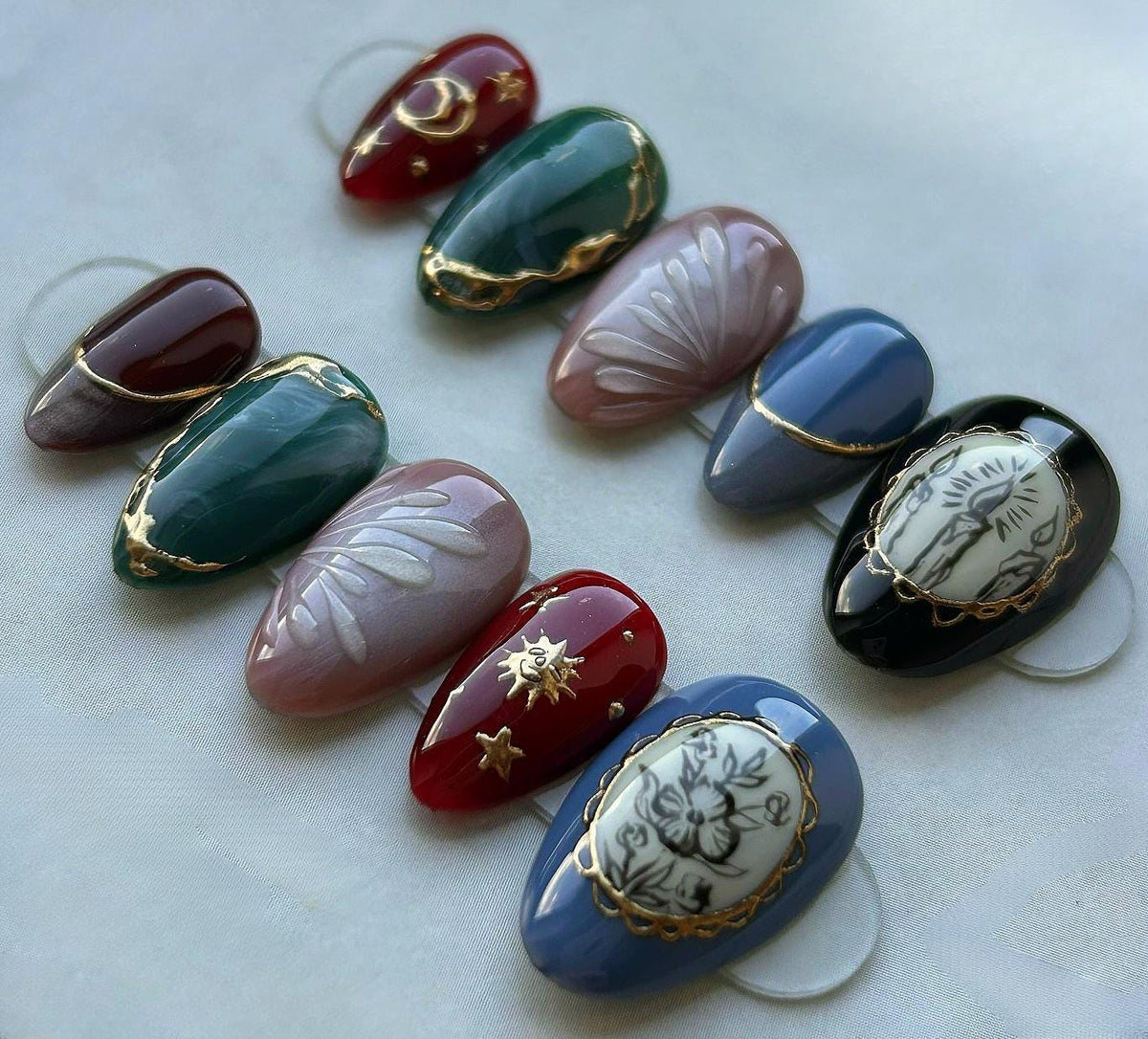 Gothic Cameo Press On Nails with Gold Details and Celestial Accents