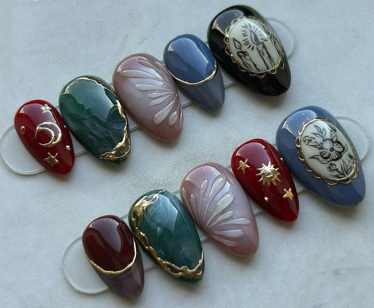 Gothic Cameo Press On Nails with Gold Details and Celestial Accents