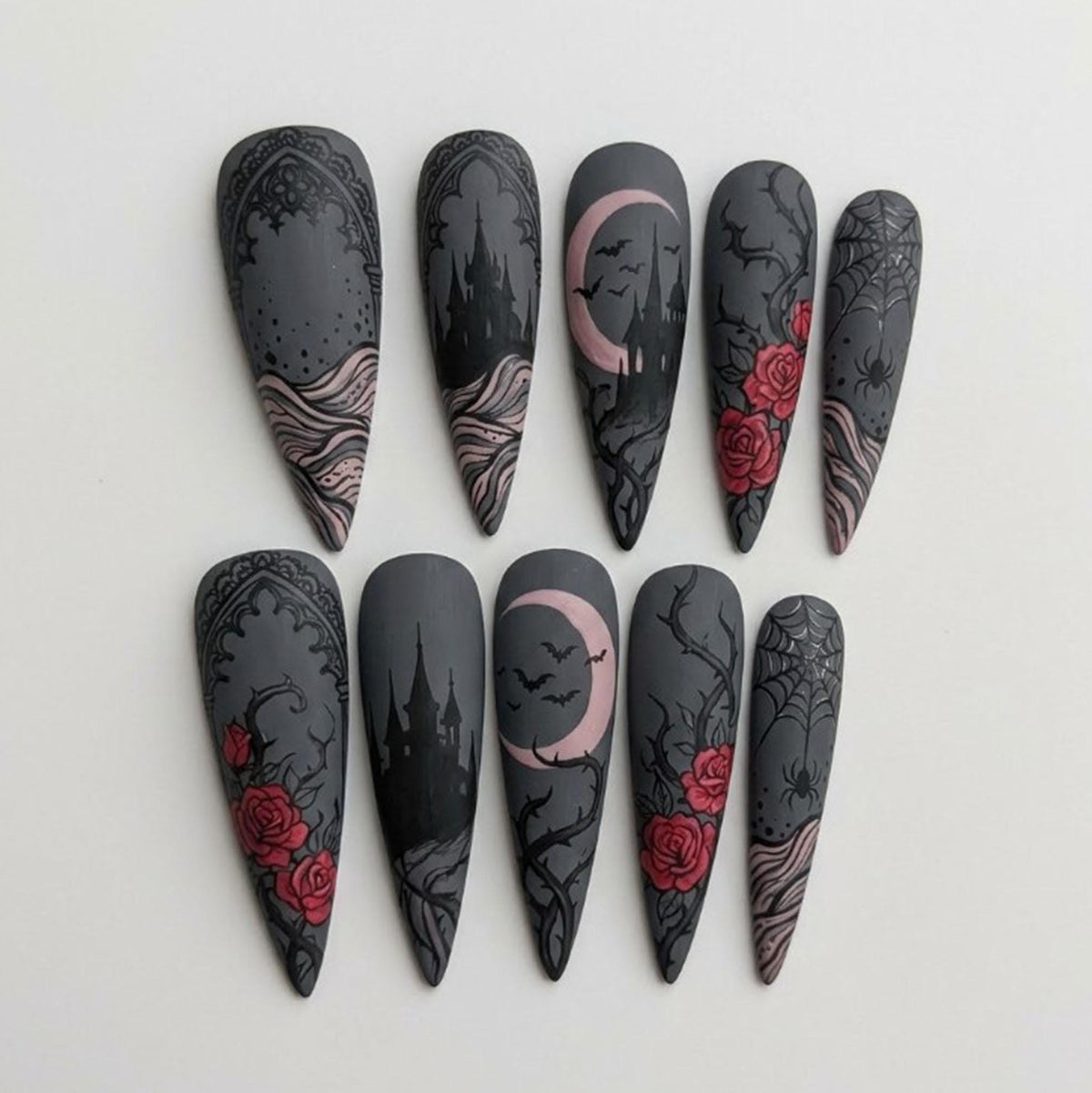 Gothic Castle Nails With Red Roses, Dusty-Pink Moons, Bats, and Spiderwebs