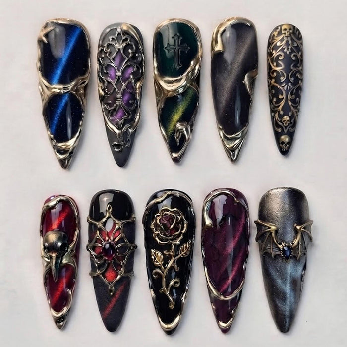 Gothic Cat Eye Press-On Nails With Gold-Tone Crosses, Skulls and Rose