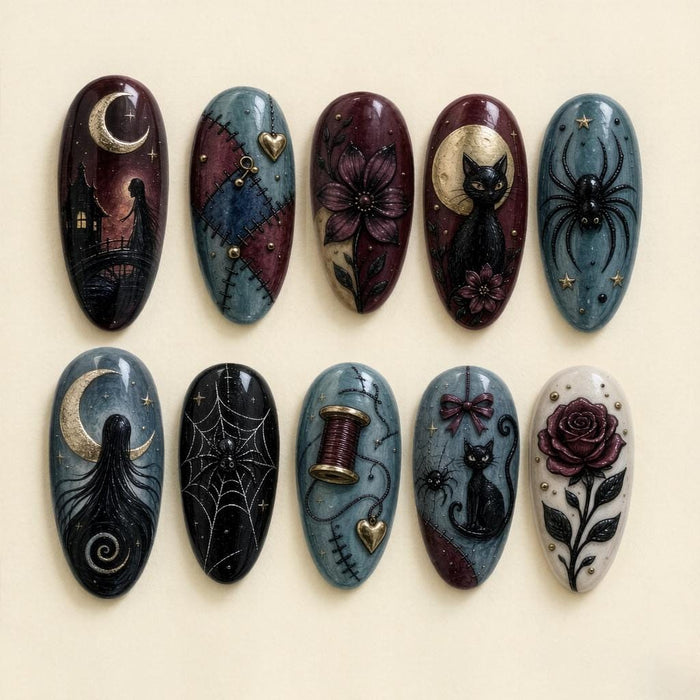 Gothic Cat, Moon, Spider Web and Dark Floral Press On Nail Set