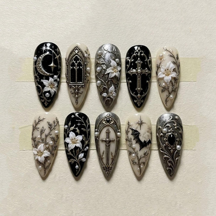 Gothic Cathedral Window and Cross Press On Nail Set with Ivory Flowers, Moons and Silver Filigree