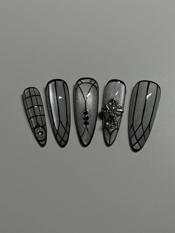 Gothic Cathedral Window Press On Nails With Silver Cat-Eye Shimmer and Cross Charm